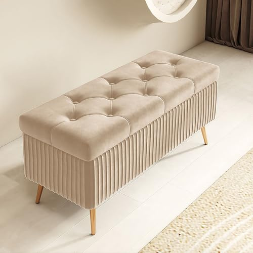 FBNMG Cassapanca in Velluto, Panca Contenitore Imbottito in Spugna, Poggiapiedi in Legno Massello, Panca Scarpiera per Soggiorno Camera da Letto Spogliatoio Ingresso(Width 31.5in/80cm, Light Khaki)