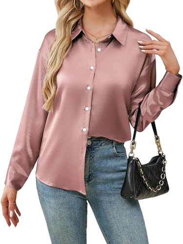 Stamain Women's Satin Silk Shirts Long Sleeve Button Down V Neck Dressy Casual Loose Work Office Blouse Tunic Tops Pink L