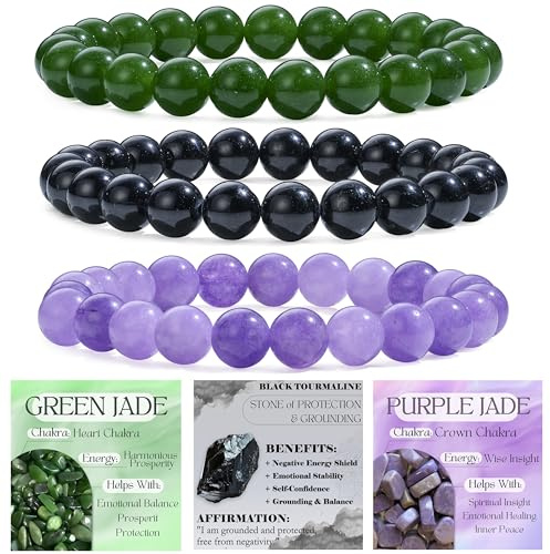 Bivei 3 Pezzi 6mm Bracciale Donna - Giada Verde, Tourmalina Nera, Giada Viola - Bracciali con Elastico con Pietre Naturali, Gioielli con Perline Fatto a Mano per Yoga, Meditazione, Protezione e Regalo