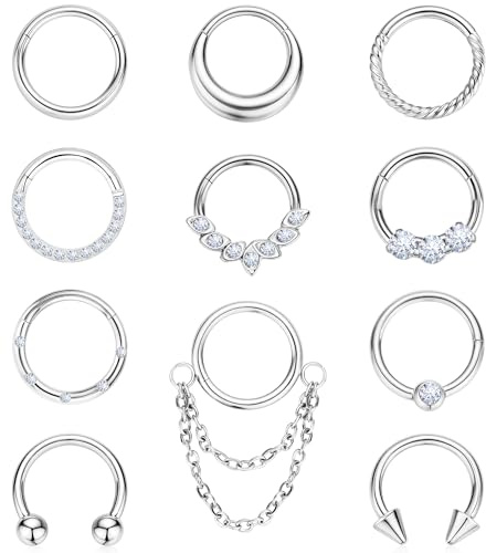 BSJ4U Silver Septum Rings 16G Septum Jewelry Surgical Stainless Steel Conch Daith Septum Piercing Jewelry 8mm Septum Clicker Hoop