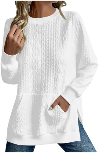 UHouse Sweat Femme sans Capuche Long Sport Pull Oversize Coton Sweats Manches Longues Sweatshirts Col Rond pour Femmes Tunique Couleur Unie Mode Vêtement Chic Habit Fin Sweat-Shirts Blanc L
