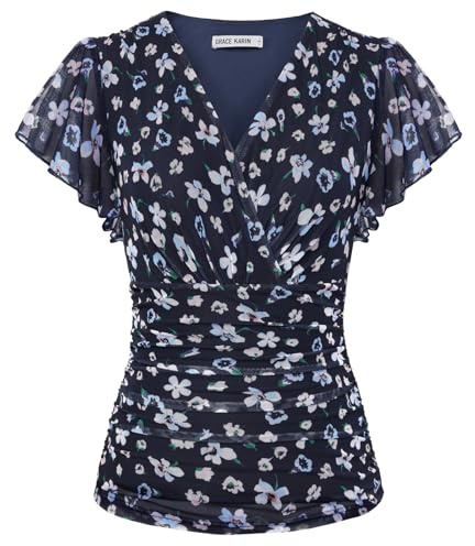 GRACE KARIN Femmes Blouse Haut pour Femme en Tissu Plissé avec Manches Volant et Col V Croisé Style Top