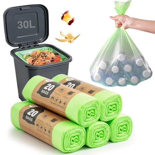 Sacchetti per la spazzatura compostabili da 30 l, 100 sacchetti biodegradabili per rifiuti alimentari, per cucina, bagno, ufficio, casa, giardino, animali domestici