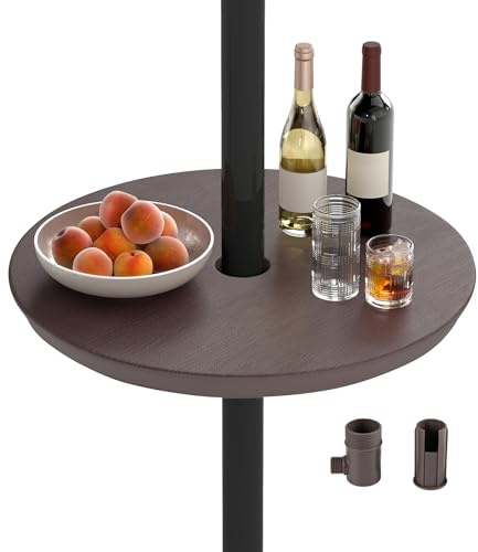 COSTWAY Vassoio per Ombrellone, Tavolino Portatile Leggero da 50 cm, Tavolino Rotondo con Foro per Ombrellone da 38mm/48mm, Effetto Legno Finto, per Cortile, Piscina, Spiaggia (Marrone)