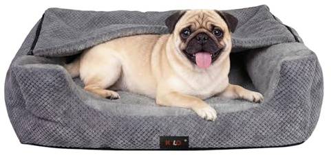 Skylos Medium Dog Bed, Dog Cave Bed, Orthopedic Dog Bed, Warm Hooded Design with Removable Blanket Cover, Non-Slip Base, 63 x 53 x 21 cm, Grey