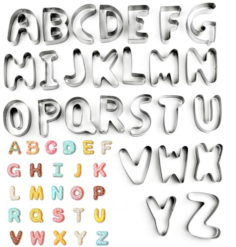 Juego de 26 moldes para galletas con letras del alfabeto A-Z de acero inoxidable, cortadores de galletas para galletas, fondant, accesorios de repostería para fiestas de cumpleaños