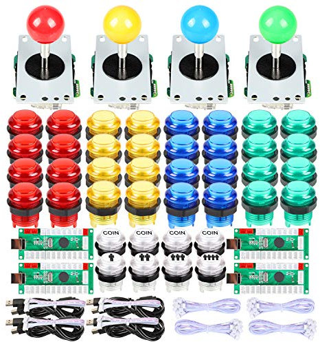 EG Starts 4 Player Classic DIY Arcade Joystick Kit Parts USB Encoder To PC Controls Games + 4/8 Way Stick + 5V led Illuminated Push Buttons for Video Game Consoles Mame Raspberry Pi & 4 Colors