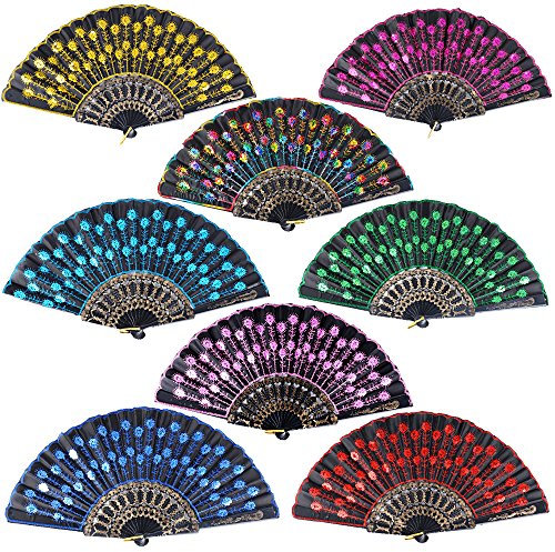 8pcs Éventails Espagnols Pliants Noir Bordée Paillettes Colorées Motif Paon pour Decoration Mariage Cadeau Danse