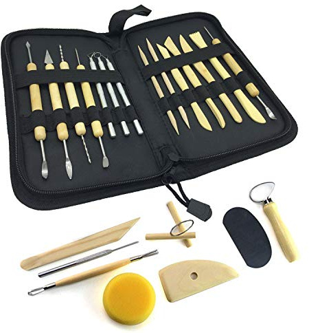 DOITEM Wood Pottery Tool Set, 22 Piece All-in-one Wood Clay Modeling Tools Boxwood Sculpture Ceramic Tools Kit with Convient Carry Storage Case
