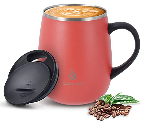 Ideus 16oz Insulated Coffee Mug with Handle Lid (Jellyfish Red, Fuji Dawn) | Double wall stainless steel; thermal cup; keeps drinks hot or cold; ideal for home office travel