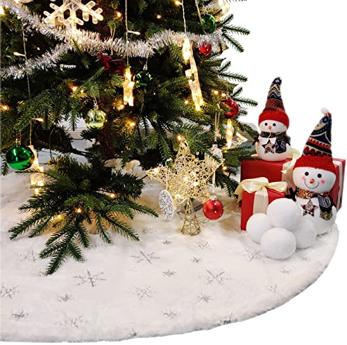 Climafusion Christmas Tree Skirt, 90 cm / 36 Inch Large White Christmas Tree Skirt Decorations with Silver Snowflake, Xmas Faux Fur Tree Skirt, Christmas Decorations for Holiday Tree Ornaments