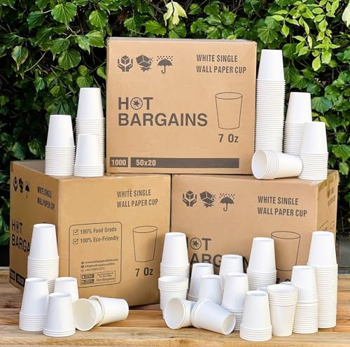 HOT BARGAINS 7oz Single Wall Paper Cups, White, 100 Count, BPA-Free Disposable Cups for Hot & Cold Drinks