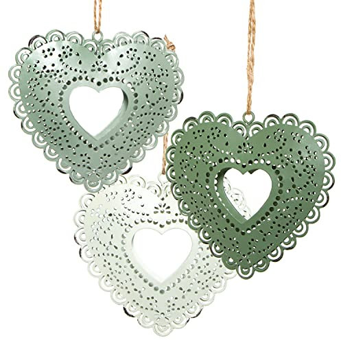 Logbuch-Verlag 3 Herzen mit Schnur zum Aufhängen grün hellgrün weiß 9,5 cm kleines Geschenk Frühling Ostern Hochzeit Deko