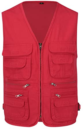 YOUTHUP Gilet Homme Zippé Multifonctionnel avec Multi-Poches Gilet Casual Veste de Sports Journaliste Respirant Durable, Gilet Camping Pêche Chasse Photographie Léger en Plein air, Rouge, M