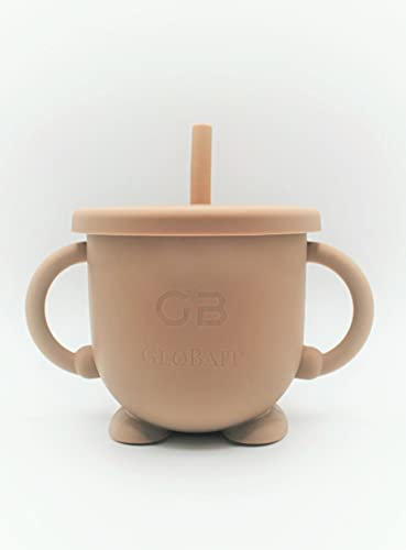 GloBait 2 in 1 Silikon Trinkbecher für Kleinkinder / Baby Trinklernbecher mit Griff / Auslaufsicher mit Strohhalm und Deckel / BPA-freier Lerntrinkbecher für Mädchen und Jungen (beige)