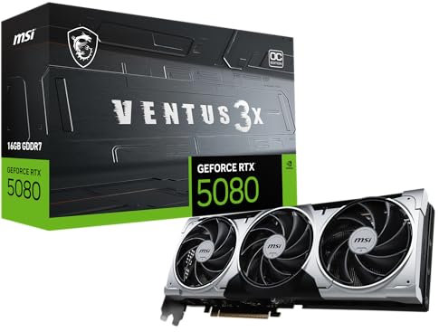 MSI NVIDIA GeForce RTX 5080 16G Ventus 3X OC Plus Carte Graphique - 16 Go GDDR7 (30 GB/s /256 Bits), PCIe 5.0 - Triple Ventilateur (3X Ventilateurs TORX 5.0), HDMI 2.1b, DisplayPort 2.1b