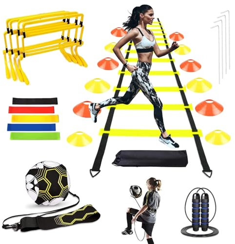 Aisny Fussball Trainingszubehör, Fußball Trainingsset mit 6m Koordinationsleiter 12 Hütchen 4 Hürden Fußballtrainer Springseil Widerstandsbänder Fußball Geschenke für Jungs Kinder