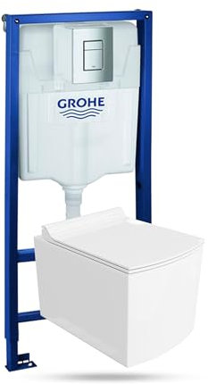 LAVITA Elemento da parete Solido + parete sospesa WC Fago bianco senza bordi + sedile WC SoftClose | pulsante cromato | Set completo | Cassetta di risciacquo da incasso | WC completo |