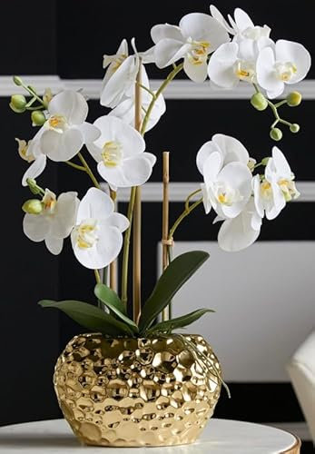 DAHLIASTUDIOS Kunstpflanze Orchidee Phalaenopsis mit Gold-farbigem Keramiktopf - ca. 53cm hoch (weiß)