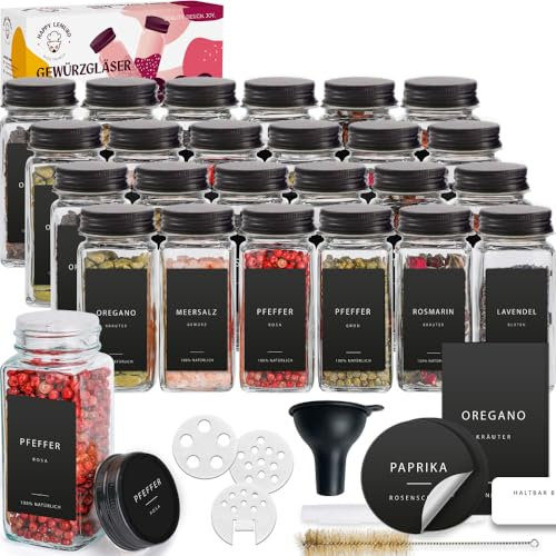 Happy Lemuro Juego de 24 tarros de especias (24 x 120 ml) con 301 etiquetas en alemán, edición negra, recipiente para especias con tapas de metal e inserto para esparcir, tarros de especias
