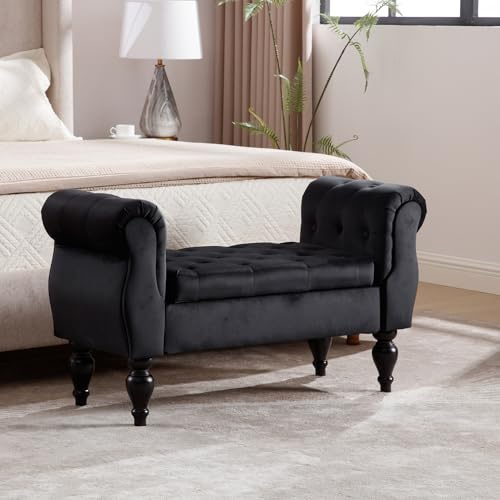 Relbiety Velvet Upholstered Storage Bench with Arms and Wooden Legs, 39.76 Modern Button Tufted Benches for Bedroom End of Bed Bench, Living Room Entryway Sitting Window Benches for Hallway, Black