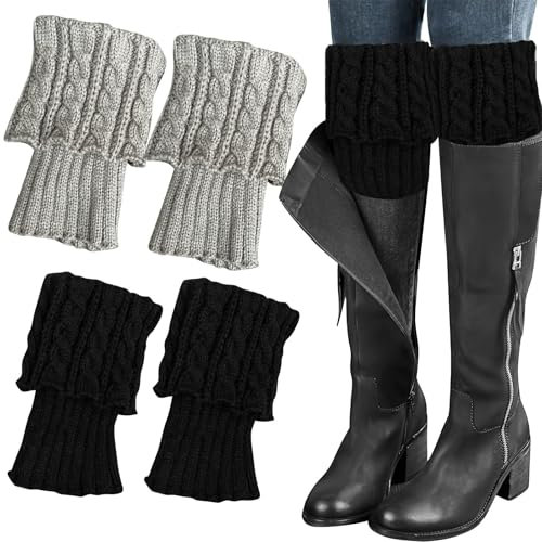 HSLPSM 2 Paare Stulpen Damen Winter Beinwärmer, Kurze Häkelarbeit Bein Wärmer, Pulswärmer Leg Warmers Mädchen, Stiefel Boot Abdeckung für Winterwärmer, Einheitsgröße (Grau,Schwarz)