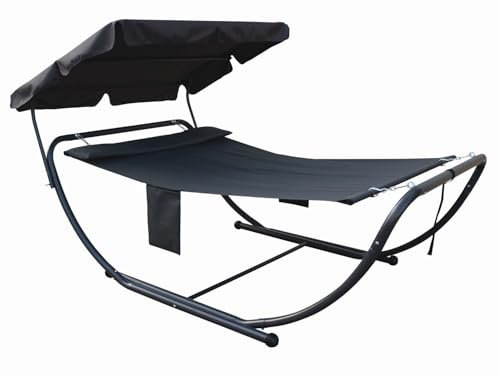 Gardissimo extra hohe Doppel-Sonnenliege Luc, Doppelliege mit Sonnendach Kopfkissen Tasche für 2 Personen Relaxliege Gartenliege anthrazit