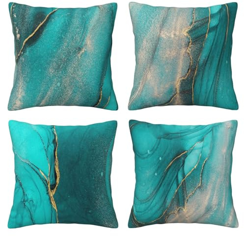 DILOXNSU Teal Gold Cushion Covers 50cm x 50cm Set of 4 Double-Sided Turquoise Marble Ink Abstract Art Cushions Cases 20x20 Inches Modern Decorative Pillow Cover for Sofa Bed Couch