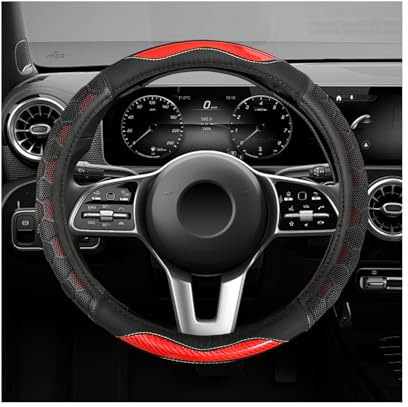 ZNDAW Carbon Fiber Steering Wheel Cover, Non-Slip Leather Steering Wheel Protector with 3D Honeycomb Design, Comfy Grip Breathable Sporty Auto Wheel Wrap for Most Cars Trucks SUVs (Red)