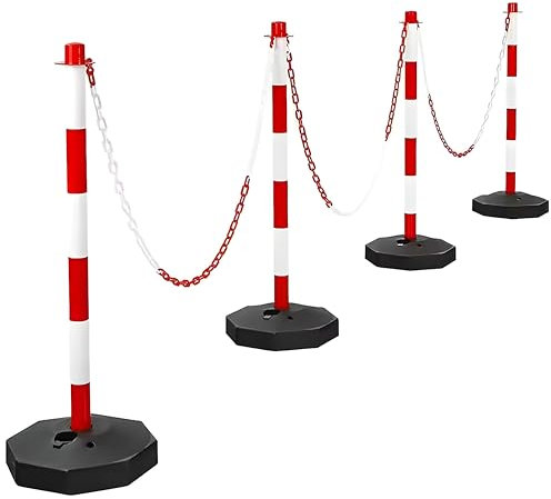 Red & White Plastic Chain Post Set (4 Posts, 32ft Chain) - Fillable 1m High Safety Barrier for Crowd Traffic Control, Car Parks and Demaraction