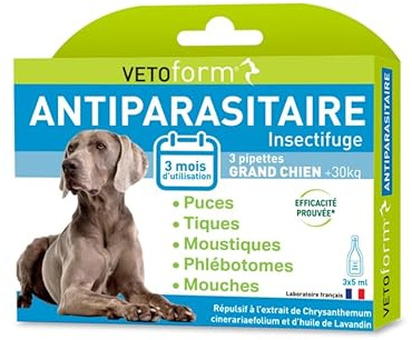 VETOFORM | Pipette Antiparasitaire Grand Chien (>30 kg) | Anti puces et Anti-Tiques | 3x5 ML | Fabriqué en France