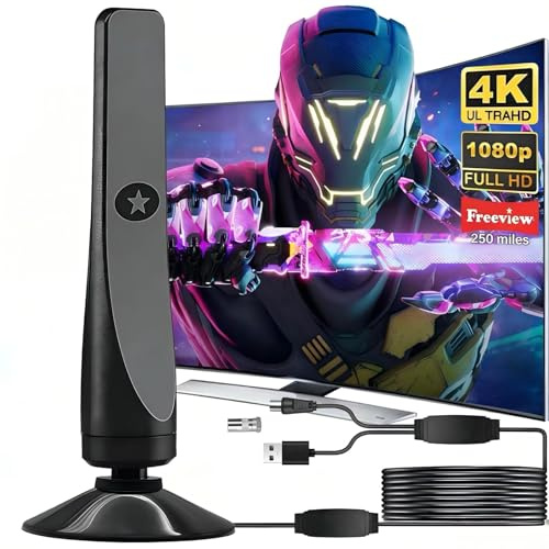 2026 Indoor TV Aerial, Digital TV Ariels Indoor for Smart TV, TV Aerials with Strong Signal UK Supports 4K 1080P HD Local Channels