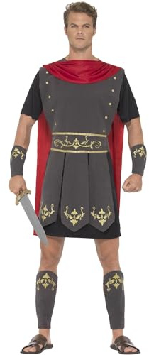 Smiffys Disfraz de gladiador romano, Negro, con túnica, capa incorporada, brazaletes y espinilleras Halloween, Carnaval