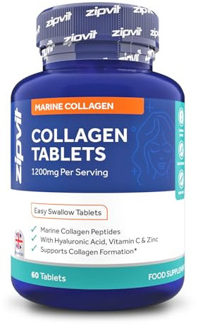 Zipvit Marine Collagen 1200mg Tablets with Hyaluronic Acid, Vitamin C, and Zinc. High Strength Type 1 Collagen for Men and Women, Supports Hair, Skin, and Nails, 60 Tablets, 1 Month Supply