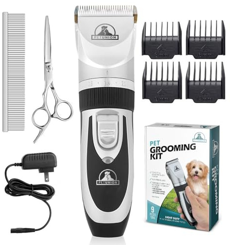 Pet Union Professional Dog Grooming Kit, Rechargeable, Cordless, Low Noise Dog Clippers for Grooming Thick Coats - Clippers, Nail Trimmer, Complete Grooming Set for Dogs, Cats and Other Pets (Chrome)