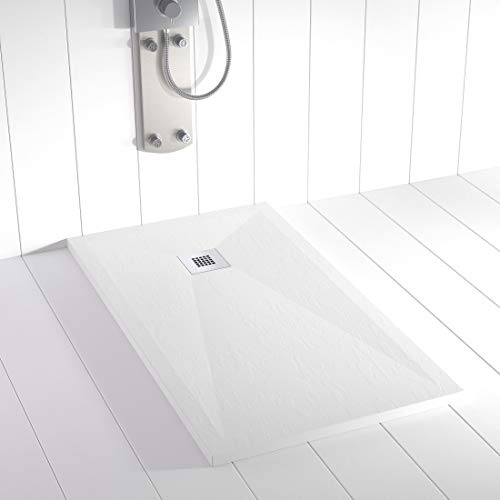 Plato de ducha resina PLES desagüe centrado color Blanco 120x80 textura pizarra antideslizante rejilla inox con válvula