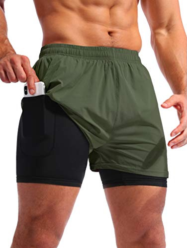 Pudolla Men’s 2 in 1 Running Shorts 5 Quick Dry Gym Athletic Workout Shorts for Men with Phone Pockets(Dark Green Medium)