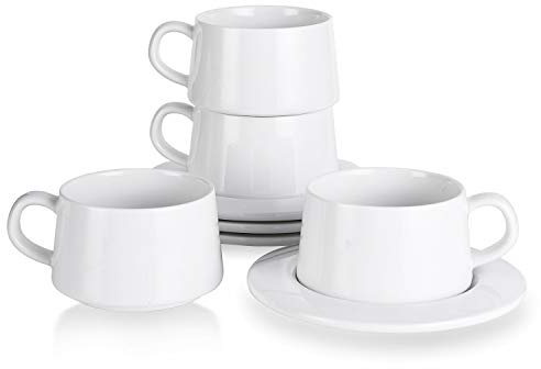 Kanwone Porcelain Stackable Cappuccino Cups with Saucers - 8 Ounce for Specialty Coffee Drinks, Cappuccino, Latte, Americano and Tea - Set of 4, White
