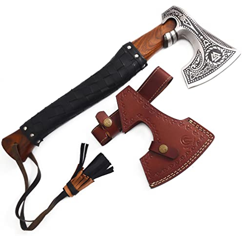 Qureshi Handmade Engraved High Carbon Steel Camping Axe - Gardening and Outdoor Survival Hatchet Axe, Viking Throwing Axe with Leather Sheath - Wood Axe with Anti-Slip Handle's Grip