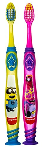 Colgate Kids Minions & Trolls Toothbrush Set with Suction Cup, Children Ages 5+ Extra Soft (Colors Vary) - Pack of 2