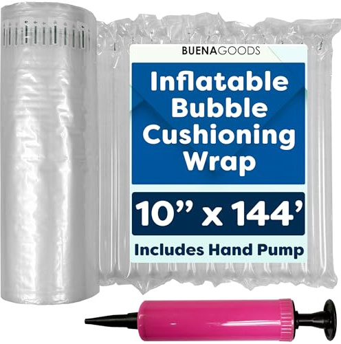 Buena Goods Rollo de envoltura inflable de burbujas de 10 pulgadas x 144 pies. Incluye bomba gratis. Almohadas de aire resistentes para suministros de embalaje. Envío seguro, mudanza, protector de