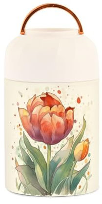 Tarro aislado de tulipán naranja con hoja para niños y mujeres con cuchara, 17 onzas/500 ml, recipientes de acero inoxidable al vacío, calentador de alimentos, contenedor de almuerzo para accesorios