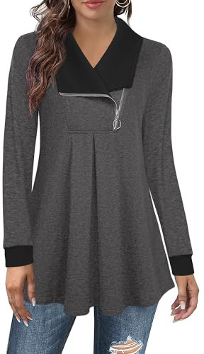 Damen Tunika Langarm Elegant Pullover Damen Feinstrick Verspielt Longpullover Winter Falten A-Linie Pullover Curvy Damen Warm Locker Longhoodie V-Ausschnitt Sweatshirt mit Viertelreißverschluss