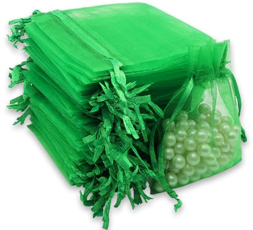 Leeyunbee 100 stycken mörkgröna organzapåsar 7 x 9 cm organzapåsar, påsar present smycken bröllop godispåse för festival fest och bröllop, satin-dragsko