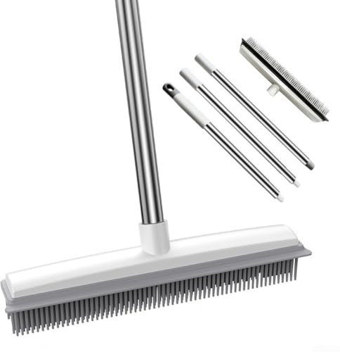 Feegow Set di scopa e mano in gomma, scopa morbida per interni, spazzatrice per tappeti, rimozione peli di animali domestici, testina in gomma da 31 cm, manico a 3 sezioni da 120 cm