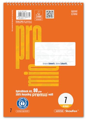 Staufen premio cuaderno espiral - 5 cuadernos universitarios, 40 hojas cada uno, DIN A5, regla tamaño 7 (7 mm cuadrados), papel reciclado 90 g/m²
