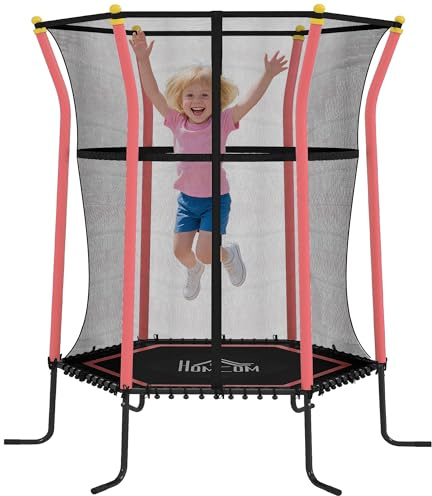 HOMCOM Trampolino Elastico per Bambini 3-10 Anni con Ingresso a Cerniera e Pali Imbottiti, Tappeto Elastico in Acciaio, PP e EPE, 122x111x190 cm, Rosso