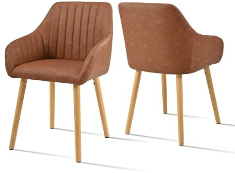 Goeurvant Dining Chairs Set of 2, Modern Kitchen Chairs with Backrest & Wooden Legs, Upholstered Armchairs for Living Room, Dining Room, Study, PU Fabric, Brown