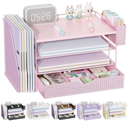 gianotter Wood Desk Organizers and Accessories with File Holder, 4-Tier Desk Accessories & Workspace Organizers with Drawer and Pen Holder, Paper Organizer for Office Supplies (Pink)