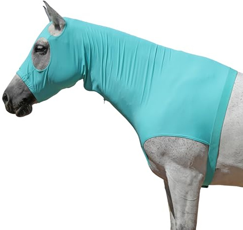 Leberna Horse Stretch Hood Without Ears Snug Fitting Hood with Zip Closure Covers Face, Shoulders, Mane, Chest and Withers Perfect for Show/Event Preparation (Turquoise Green, M)